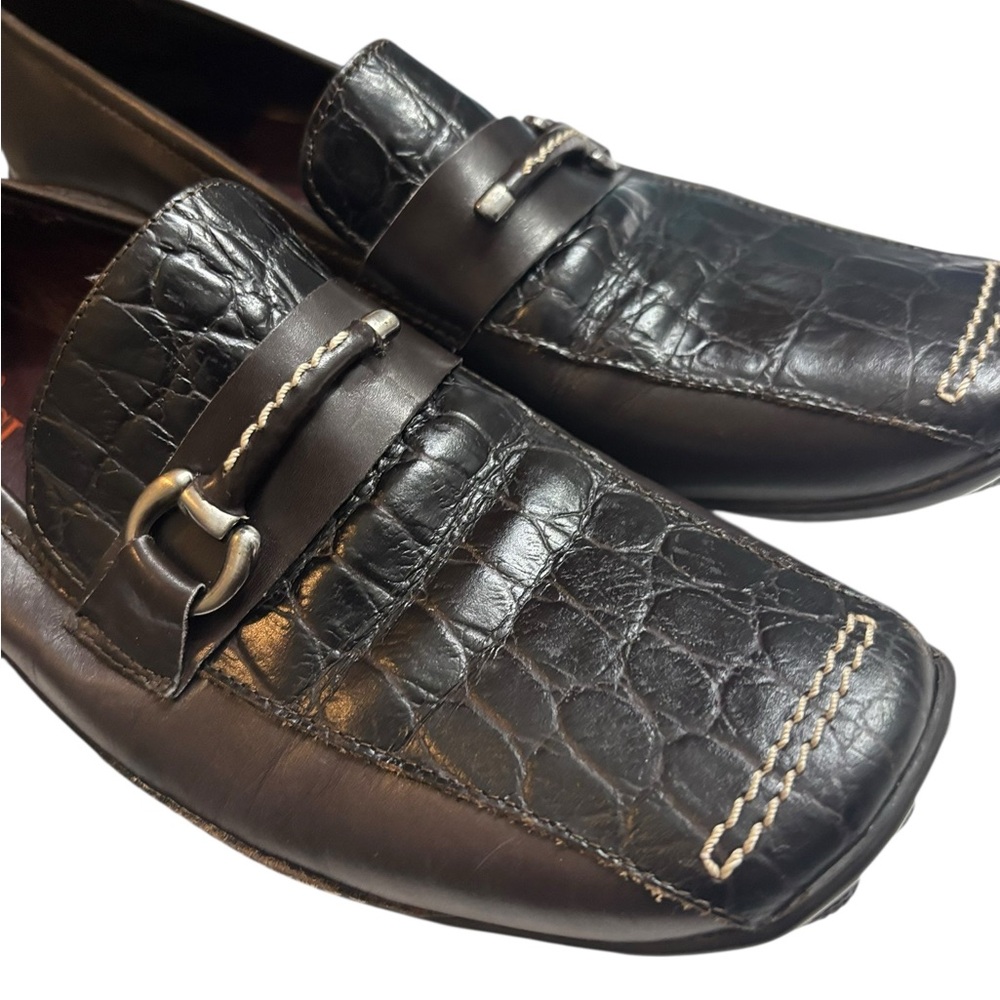 Sesto Meucci Brown Leather Loafers Womens Sz 8.5 Horse Bit Buckle Croc Embossed - Picture 9 of 14